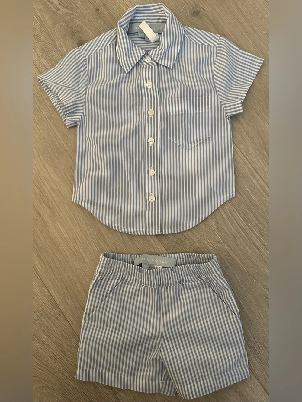 NWOT Hill House Baby Beau Shirt & Leo Shorts Set - Blue/White Stripe - 6-12M